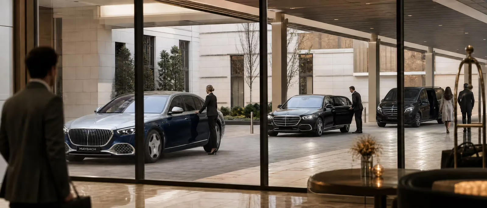 Chauffeur vehicles awaiting guests outside a hotel