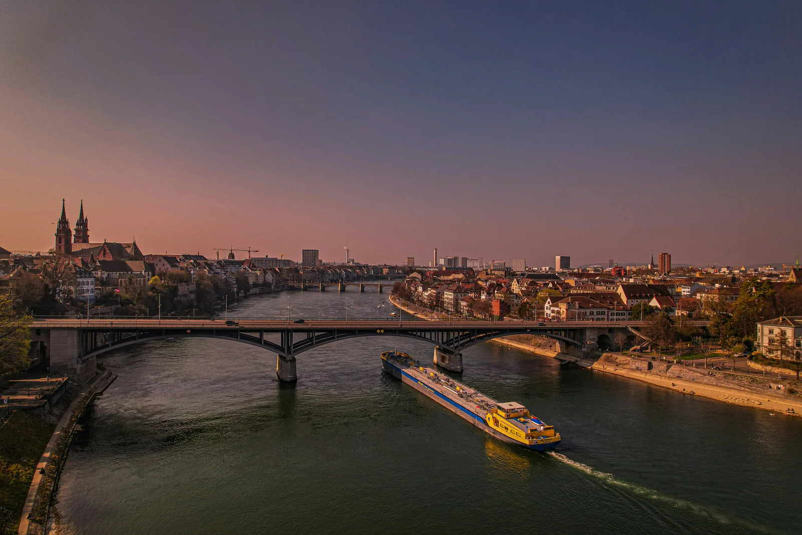 Rhine, bridges and Basel skyline in evening light